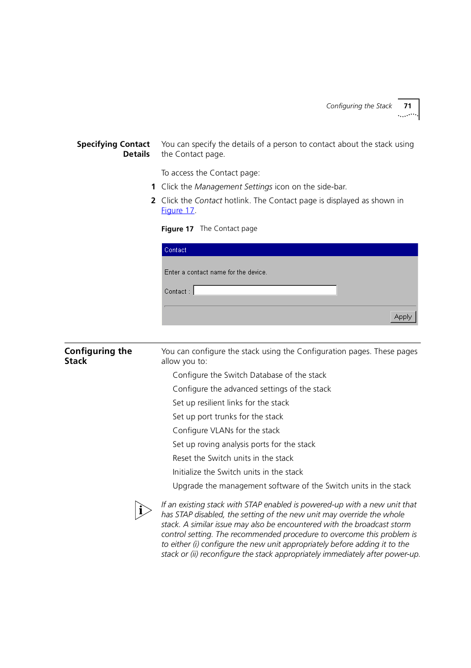 Specifying contact details, Configuring the stack, Specifying contact | Details | 3Com 1100 User Manual | Page 71 / 248