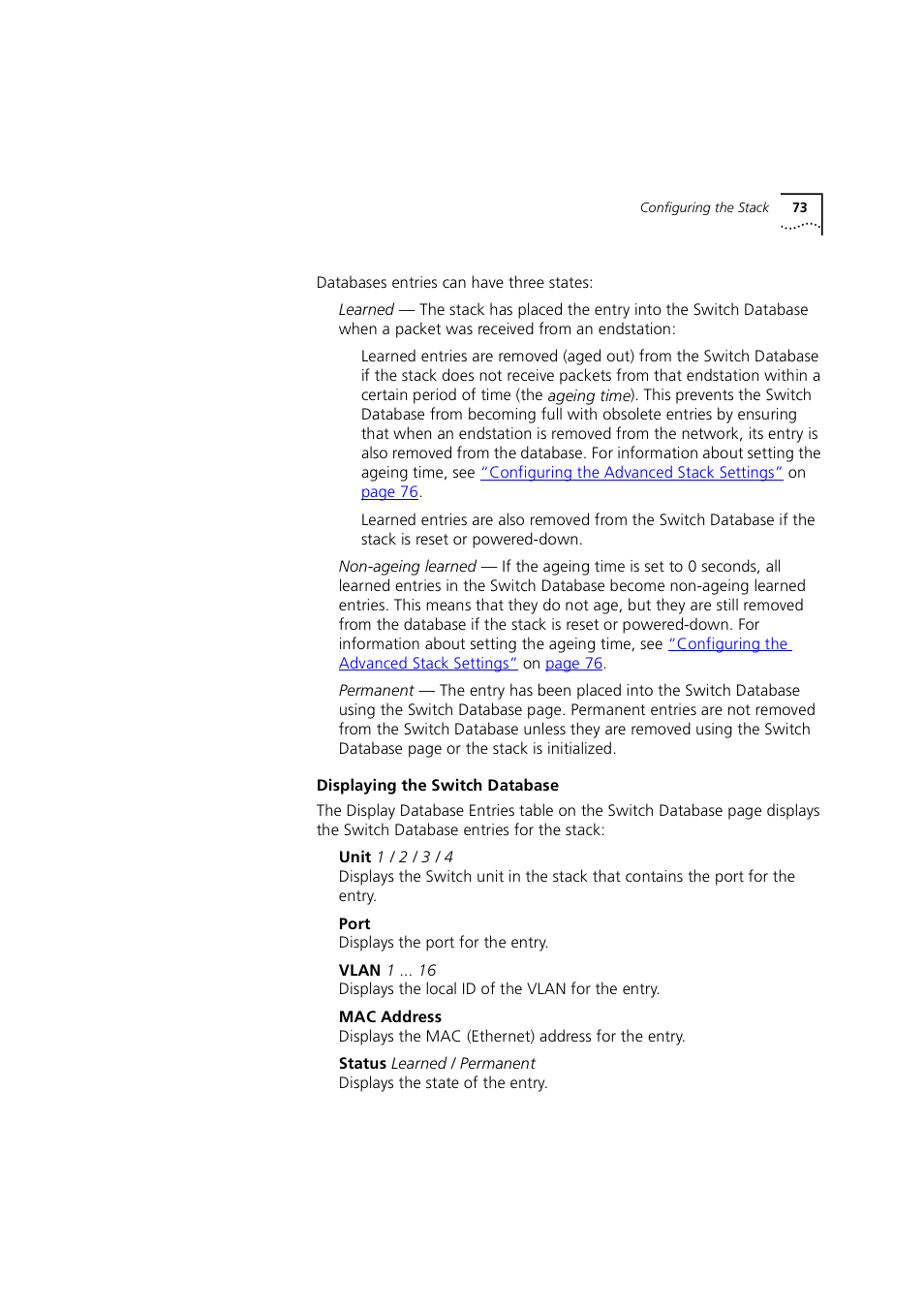 Displaying the switch database | 3Com 1100 User Manual | Page 73 / 248