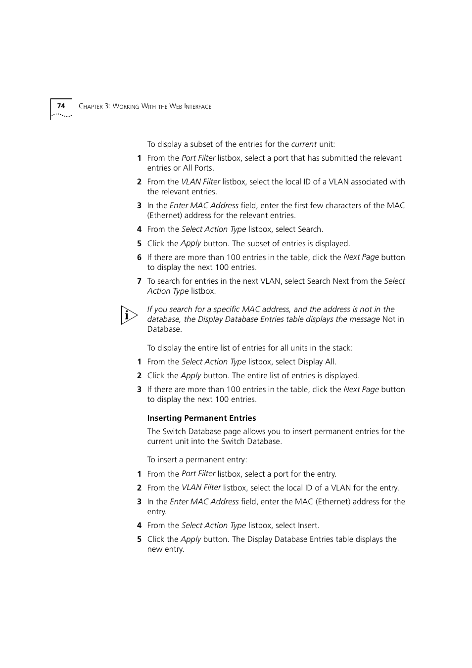 Inserting permanent entries | 3Com 1100 User Manual | Page 74 / 248
