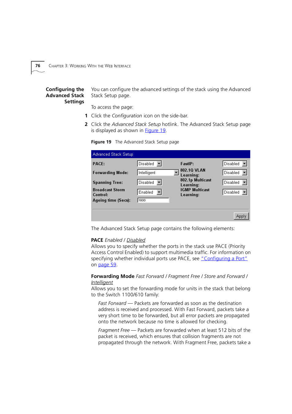 Configuring the advanced stack settings, Configuring the advanced stack settin, Configuring the advanced stack | Settings, Configuring the advanced, Stack settings, Configuring the, Advanced stack settings | 3Com 1100 User Manual | Page 76 / 248