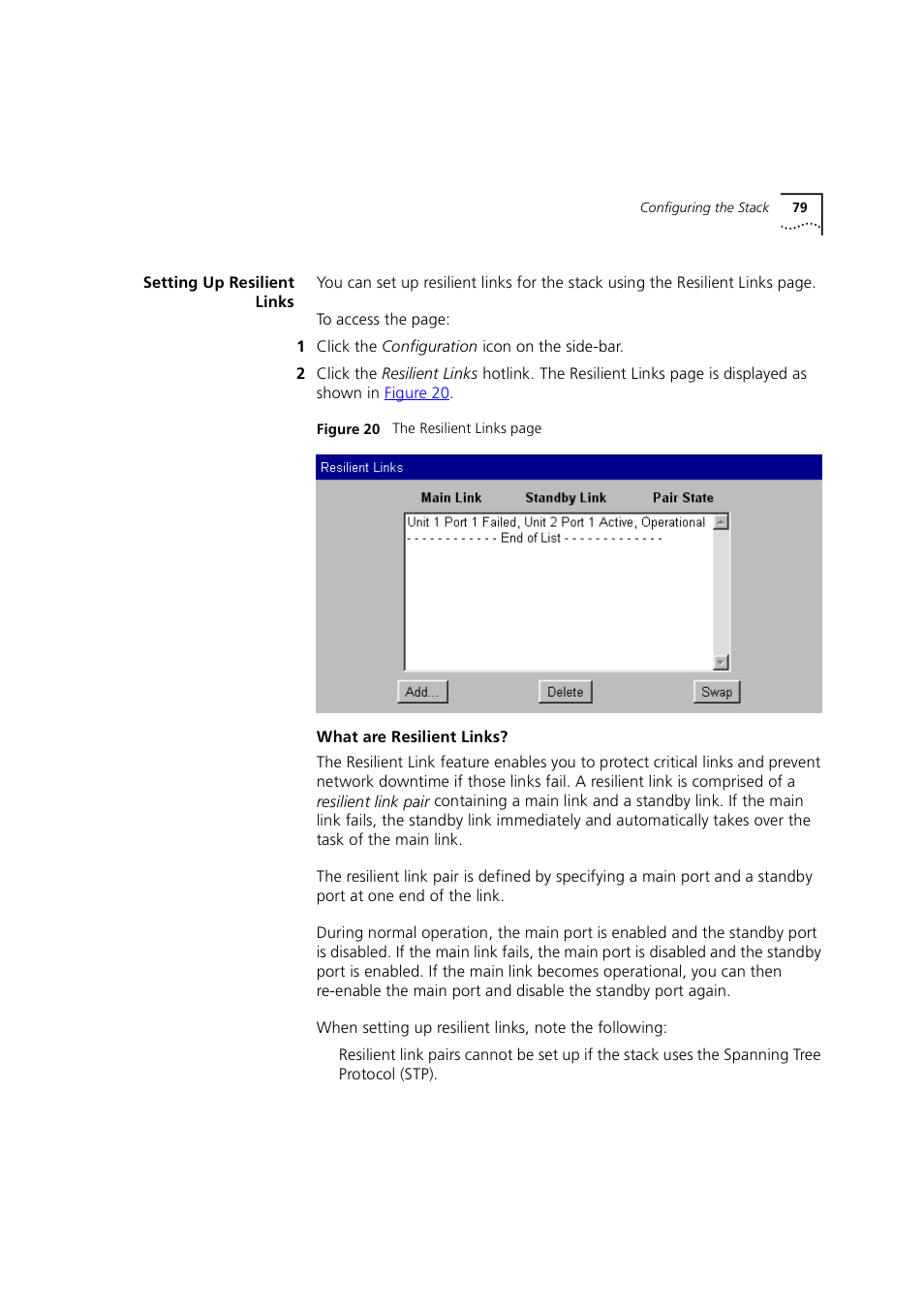 Setting up resilient links, What are resilient links, Setting up resilient | Links, N, see, Setting up, Resilient links | 3Com 1100 User Manual | Page 79 / 248