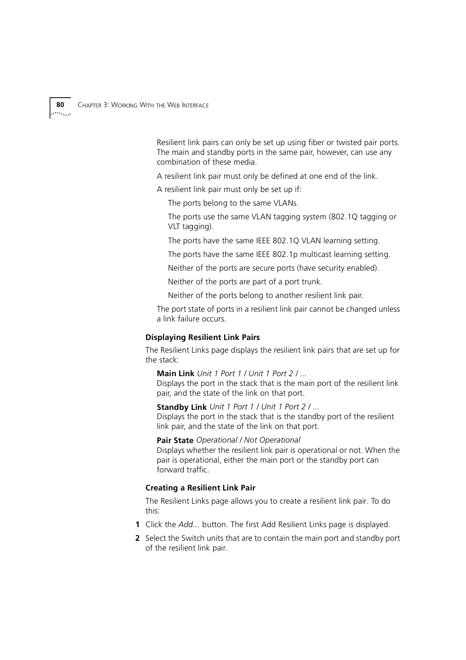 Displaying resilient link pairs, Creating a resilient link pair | 3Com 1100 User Manual | Page 80 / 248