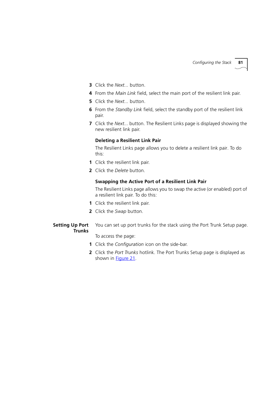 Setting up port trunks, Deleting a resilient link pair, Swapping the active port of a resilient link pair | 3Com 1100 User Manual | Page 81 / 248