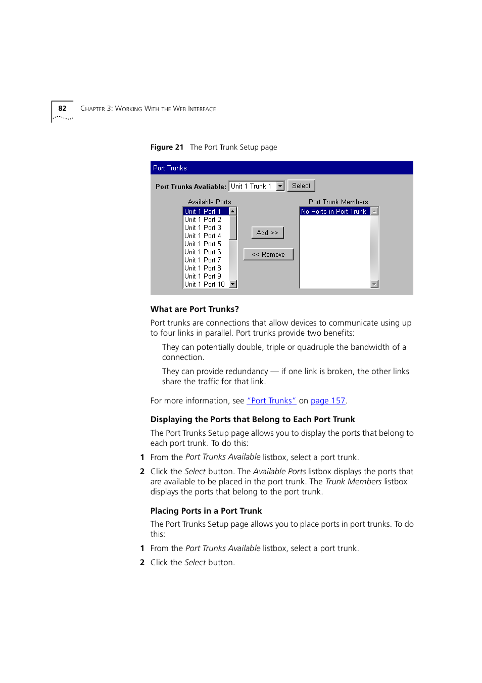 What are port trunks, Placing ports in a port trunk | 3Com 1100 User Manual | Page 82 / 248