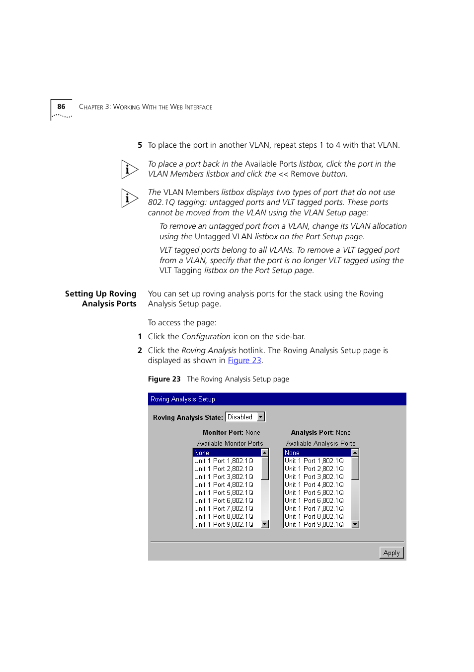 Setting up roving analysis ports, Setting up, Roving analysis ports | 3Com 1100 User Manual | Page 86 / 248