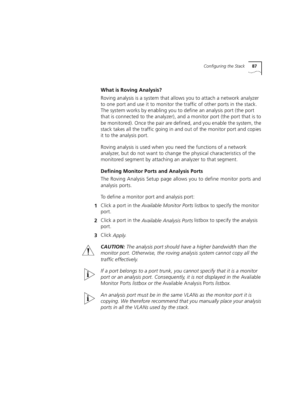 Defining monitor ports and analysis ports, Enabling and disabling spanning tree fast start | 3Com 1100 User Manual | Page 87 / 248