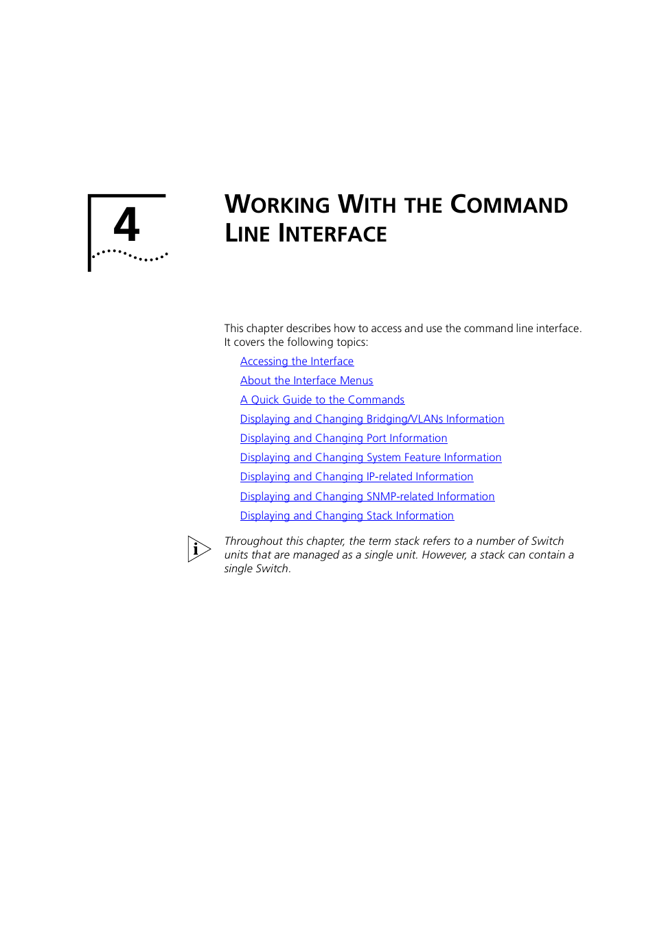 Working with the command line interface, Orking, Ommand | Nterface, Chapter 4, Working with the command line interfac | 3Com 1100 User Manual | Page 95 / 248
