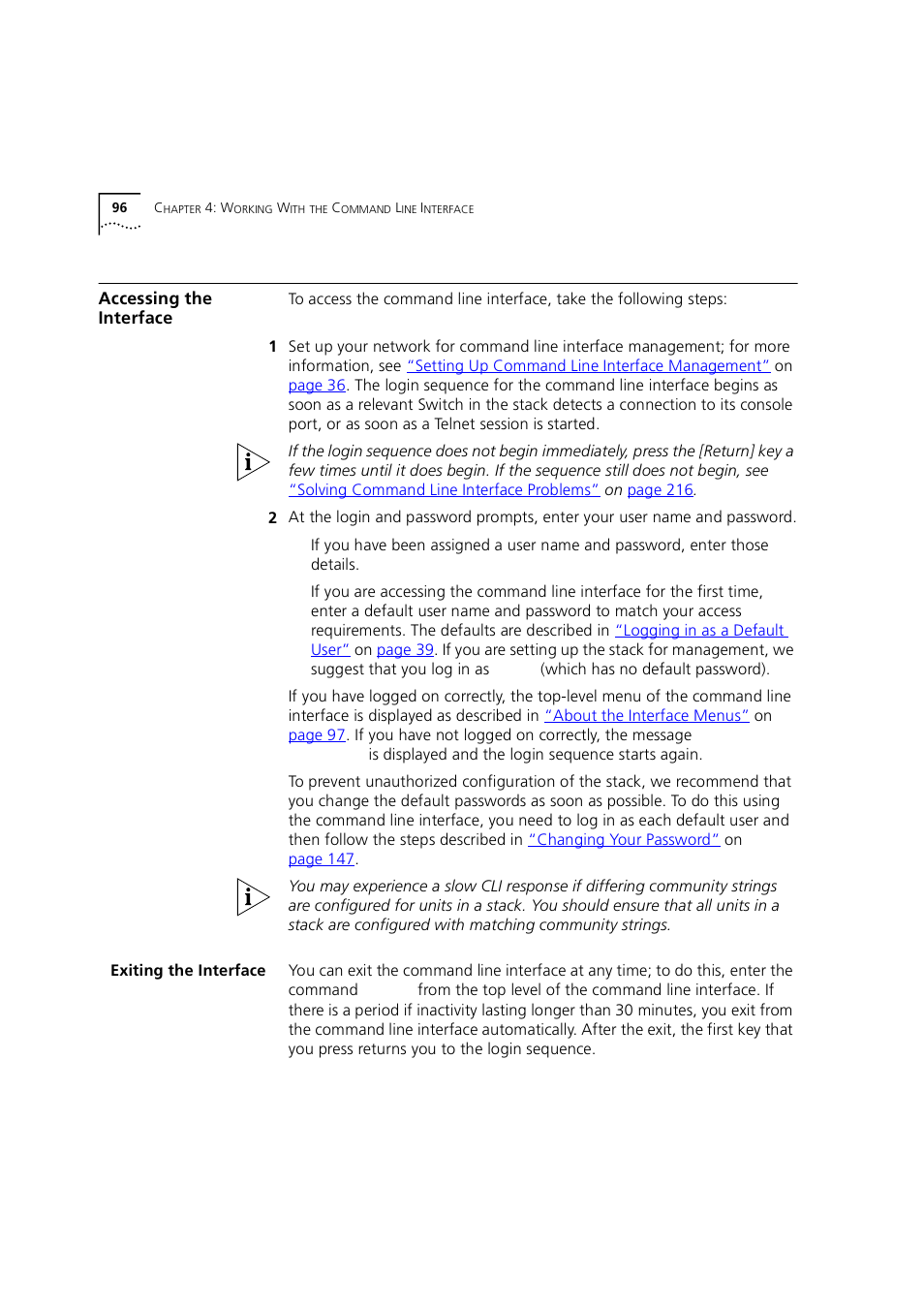 Accessing the interface, Exiting the interface | 3Com 1100 User Manual | Page 96 / 248