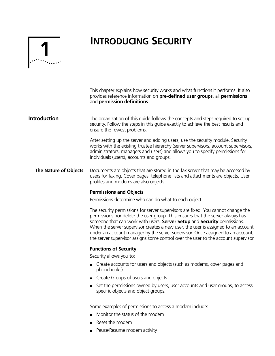 Introducing security, Introduction, The nature of objects | Ntroducing, Ecurity, Introduction1-1, The nature of objects -1 | 3Com 10031370-01 User Manual | Page 11 / 44