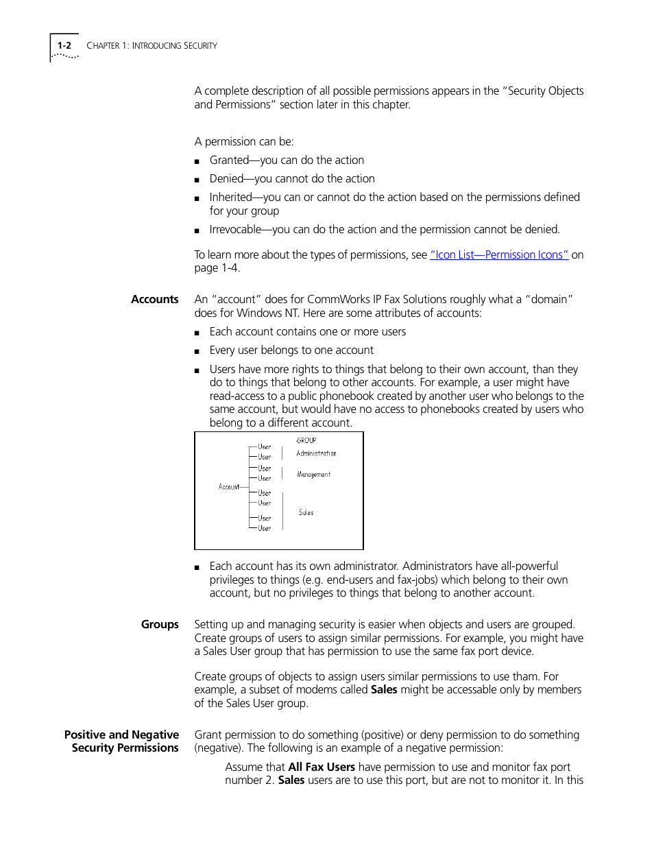 Accounts, Groups, Positive and negative security permissions | 3Com 10031370-01 User Manual | Page 12 / 44