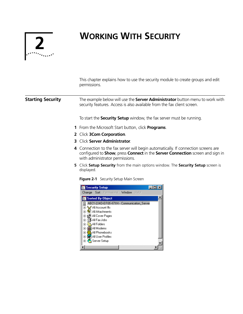 Working with security, Starting security, Orking | Ecurity, Starting security2-1 | 3Com 10031370-01 User Manual | Page 23 / 44