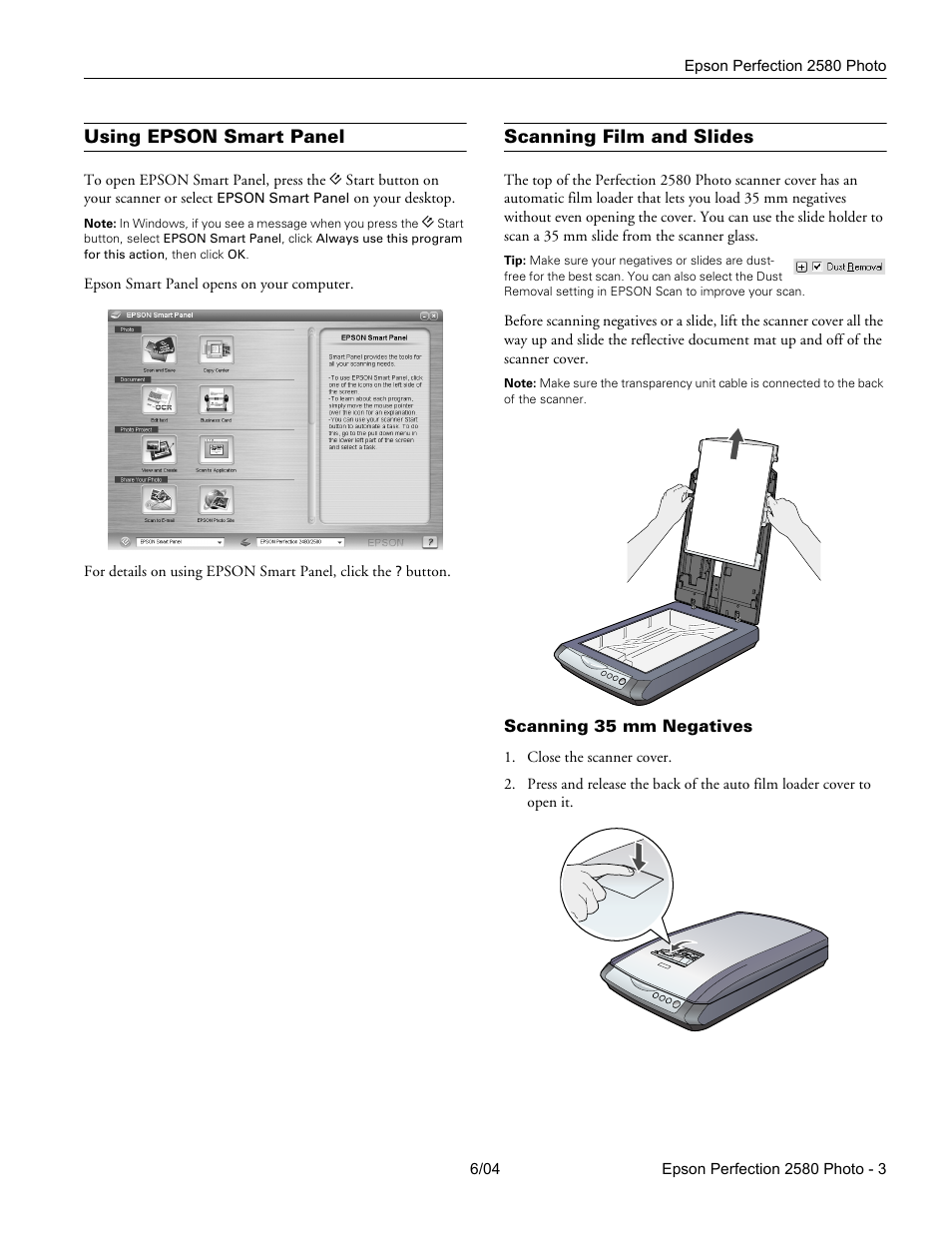 Using epson smart panel, Scanning film and slides | Epson Perfection 2580 User Manual | Page 3 / 6