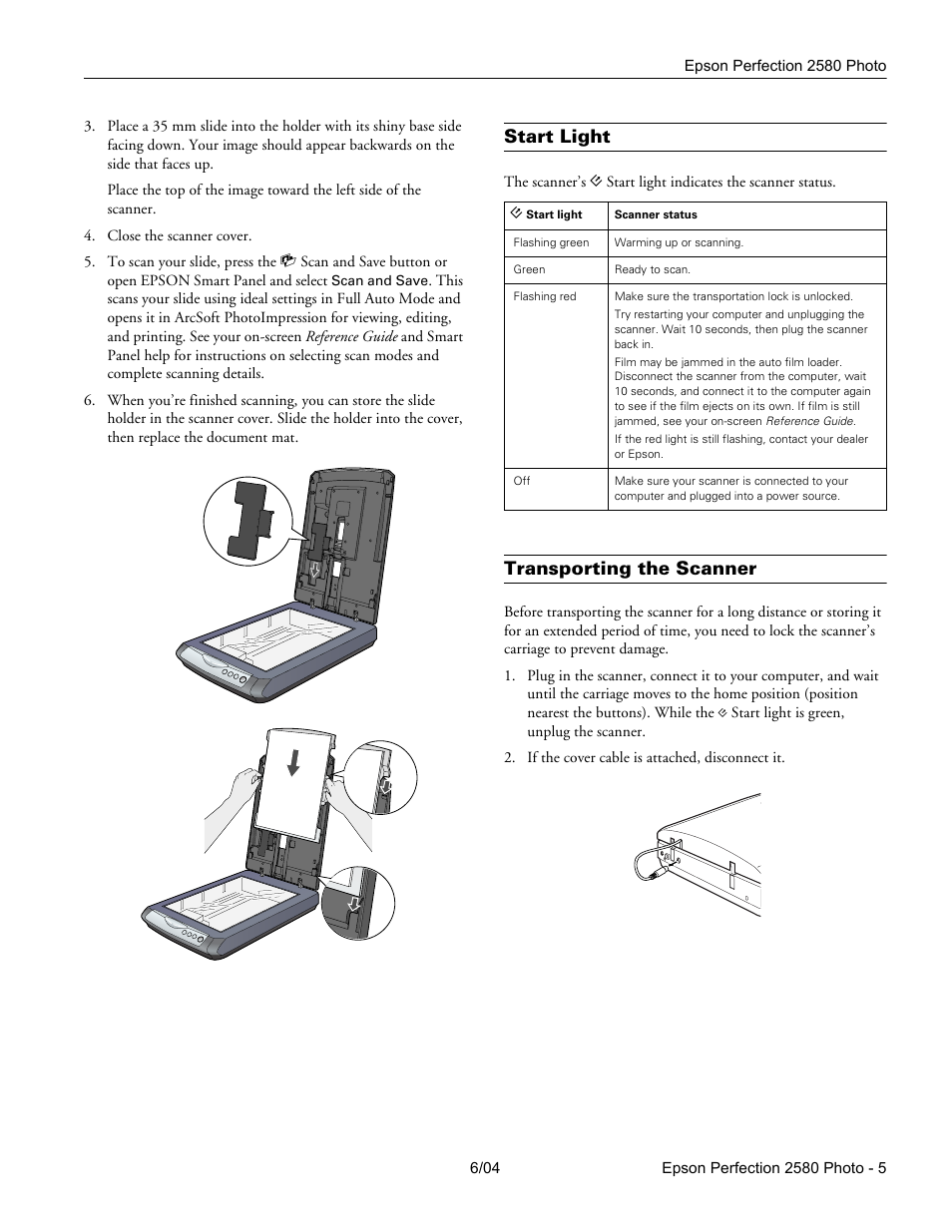 Start light, Transporting the scanner | Epson Perfection 2580 User Manual | Page 5 / 6