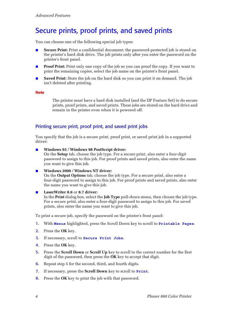 Secure prints, proof prints, and saved prints | 3Com Phaser Color Printer 860 User Manual | Page 10 / 74