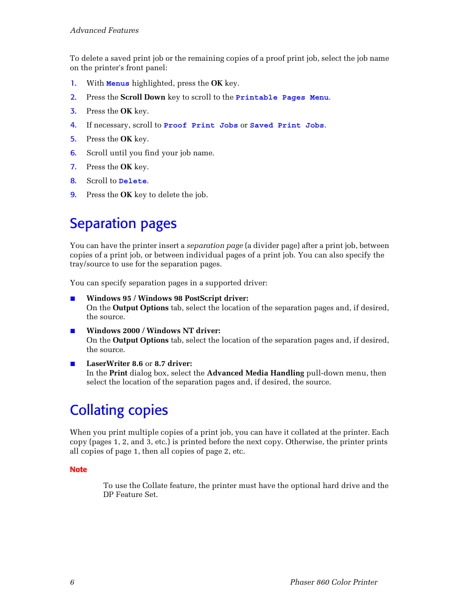 Collating copies, Separation pages | 3Com Phaser Color Printer 860 User Manual | Page 12 / 74