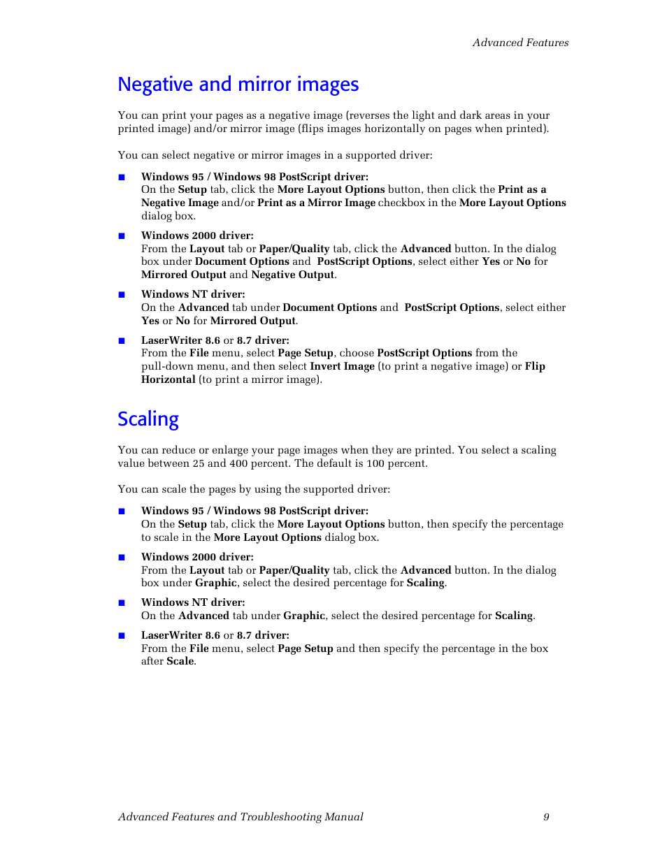 Negative and mirror images, Scaling, Negative and mirror images scaling | 3Com Phaser Color Printer 860 User Manual | Page 15 / 74