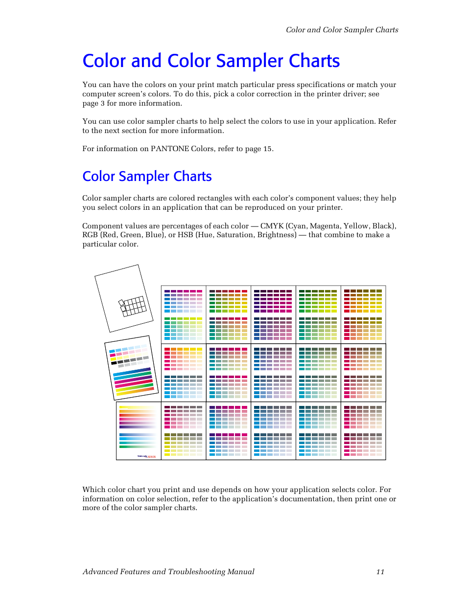 Color and colorsamplercharts, Colorsamplercharts, Color and color sampler charts | Color sampler charts | 3Com Phaser Color Printer 860 User Manual | Page 17 / 74