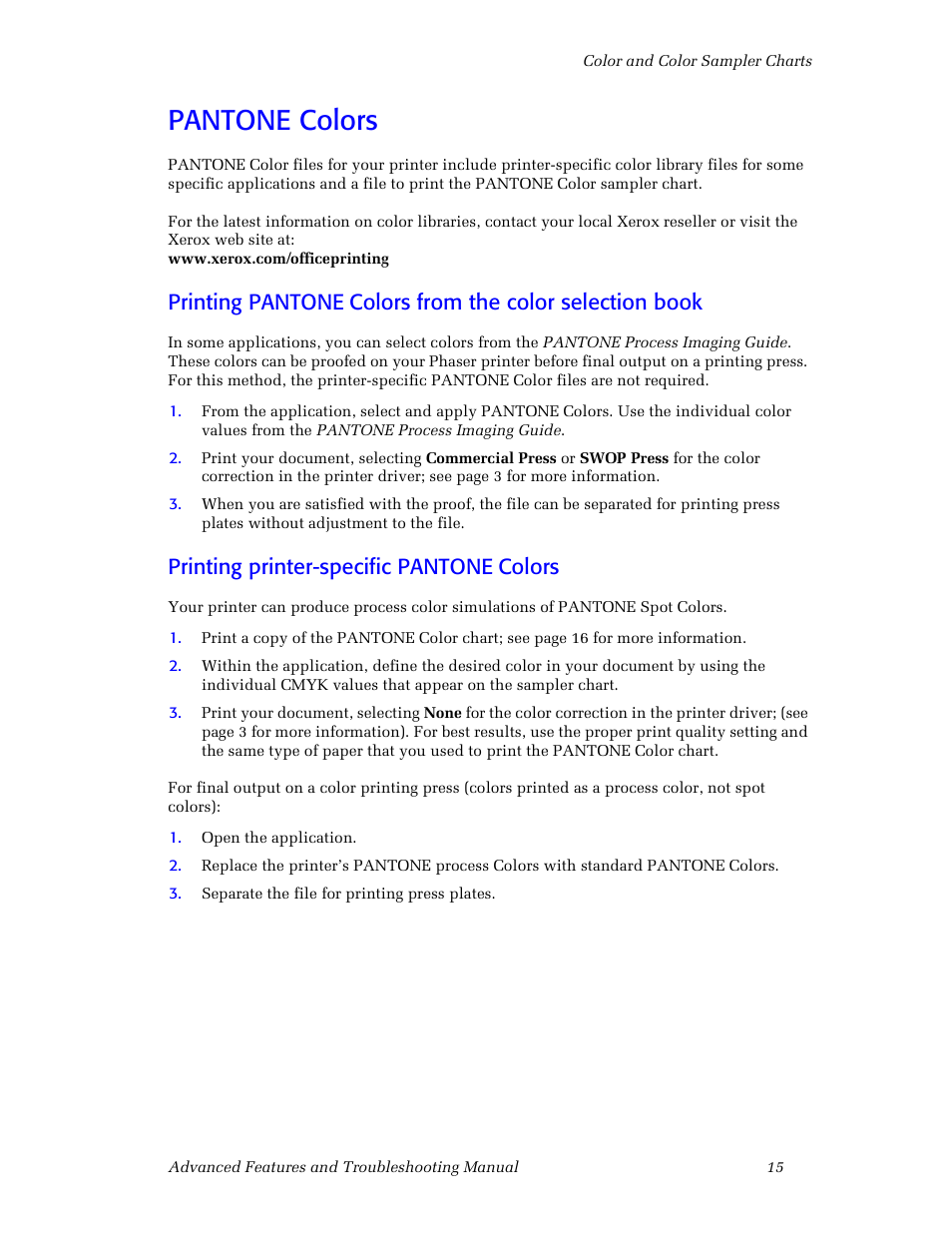 Pantone colors, Printing printer-specific pantone colors, Printing pantone | Colors from the color selection book, Printing printer-specific pantone, Colors | 3Com Phaser Color Printer 860 User Manual | Page 21 / 74