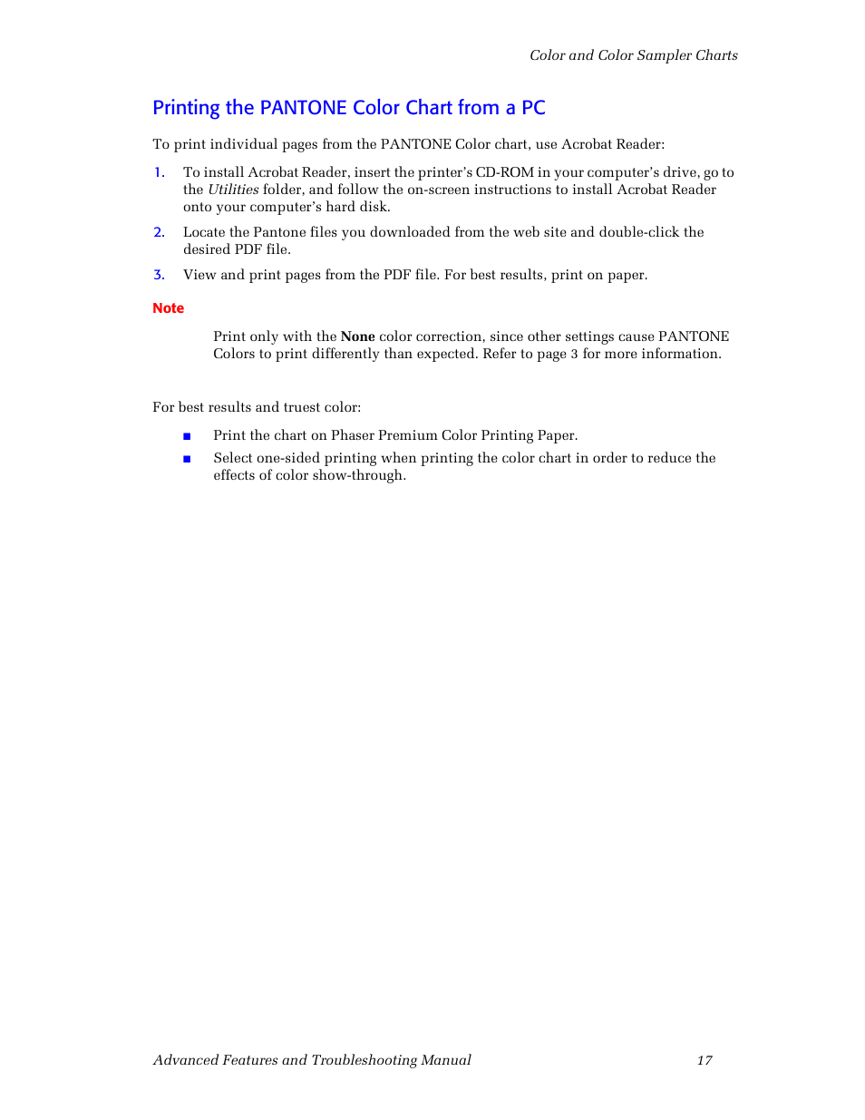 Printing the pantone color chart from a pc | 3Com Phaser Color Printer 860 User Manual | Page 23 / 74