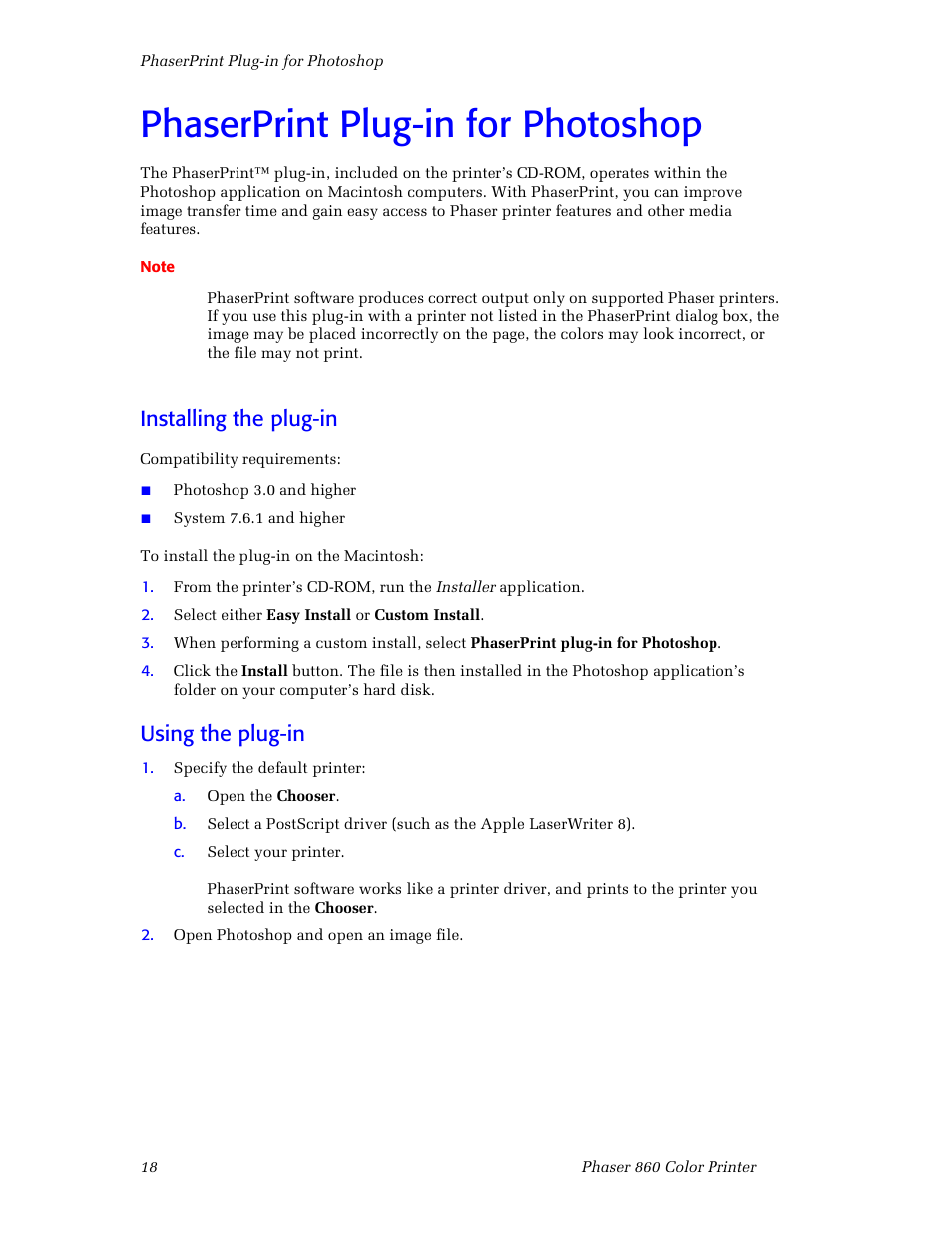 Phaserprint plug-in for photoshop, Installing the plug-in, Using the plug-in | Installing the plug-in using the plug-in | 3Com Phaser Color Printer 860 User Manual | Page 24 / 74