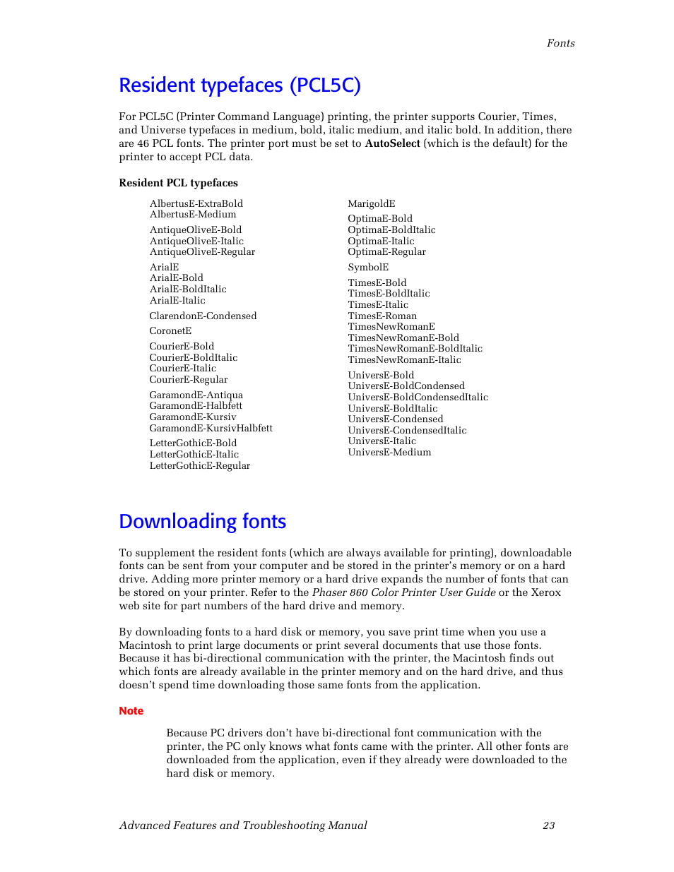 Resident typefaces (pcl5c), Downloading fonts, Resident typefaces (pcl5c) downloading fonts | 3Com Phaser Color Printer 860 User Manual | Page 29 / 74