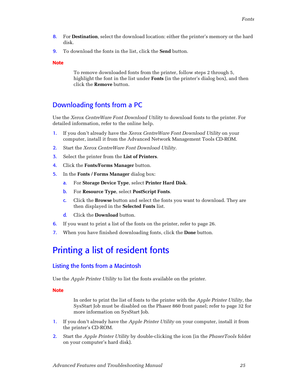 Downloading fonts from a pc, Printing a list of resident fonts | 3Com Phaser Color Printer 860 User Manual | Page 31 / 74