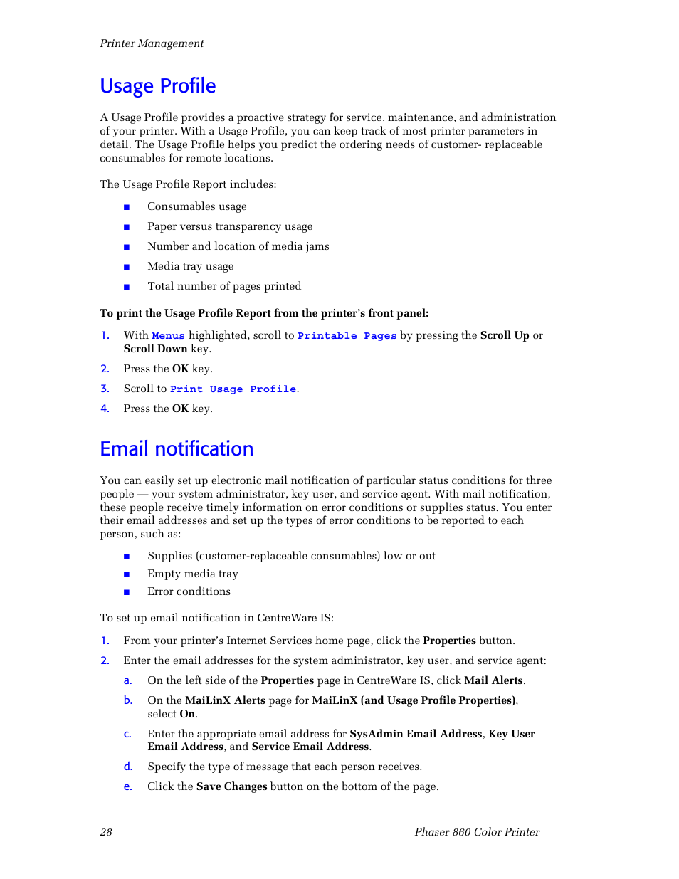 Usage profile, Email notification, Usage profile email notification | 3Com Phaser Color Printer 860 User Manual | Page 34 / 74