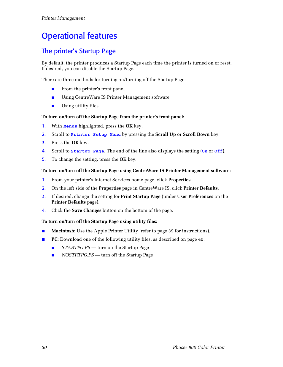 Operational features, The printer’s startup page | 3Com Phaser Color Printer 860 User Manual | Page 36 / 74