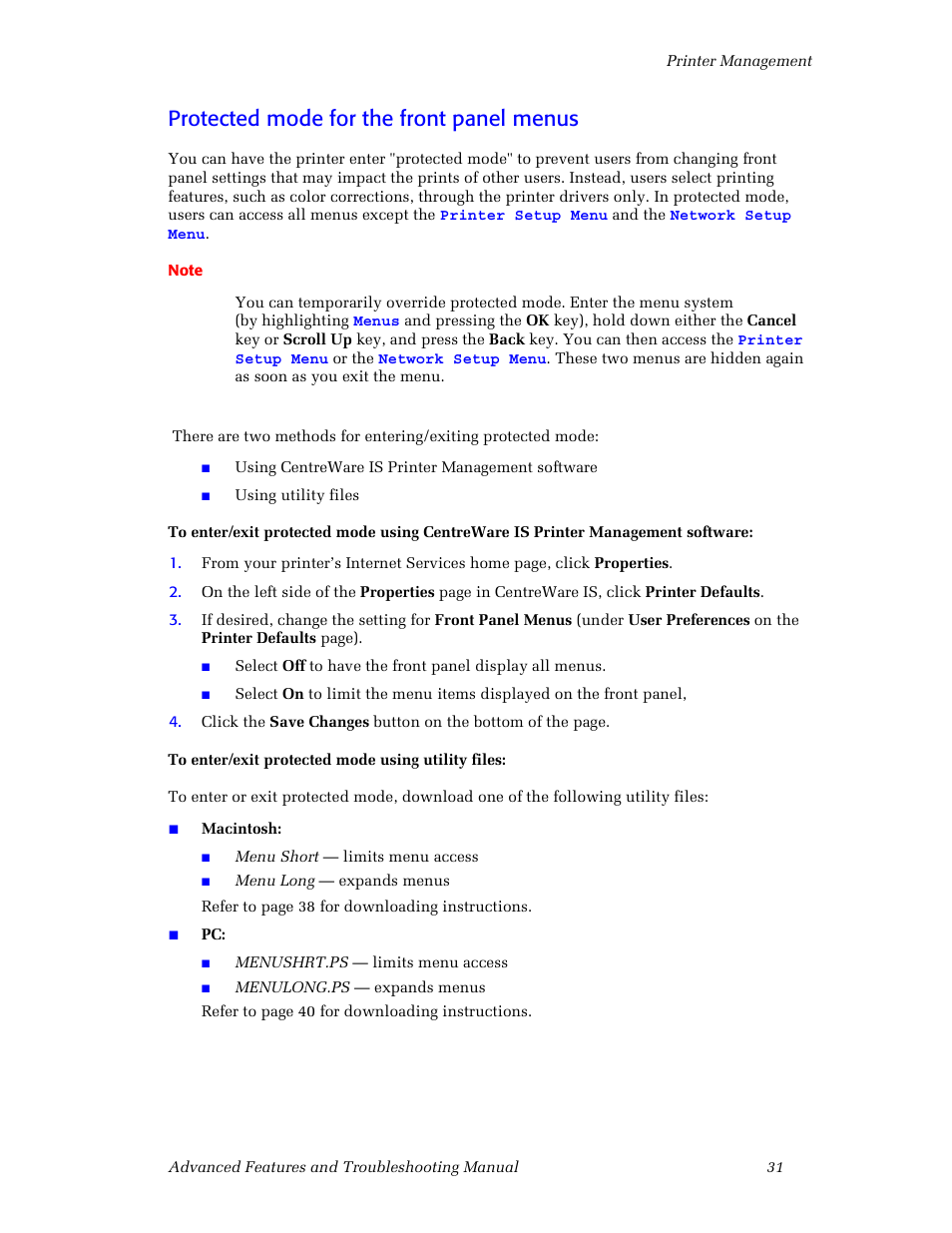 Protected mode for the front panel menus | 3Com Phaser Color Printer 860 User Manual | Page 37 / 74