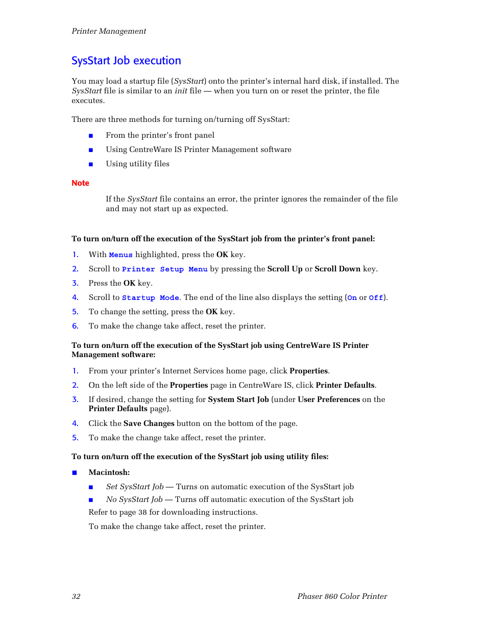 Sysstart job execution | 3Com Phaser Color Printer 860 User Manual | Page 38 / 74