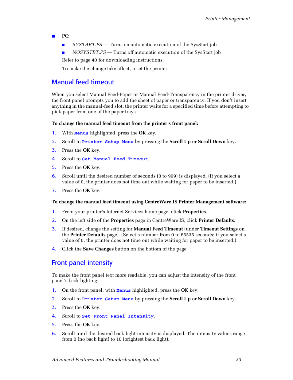 Manual feed timeout, Front panel intensity, Manual feed timeout front panel intensity | 3Com Phaser Color Printer 860 User Manual | Page 39 / 74