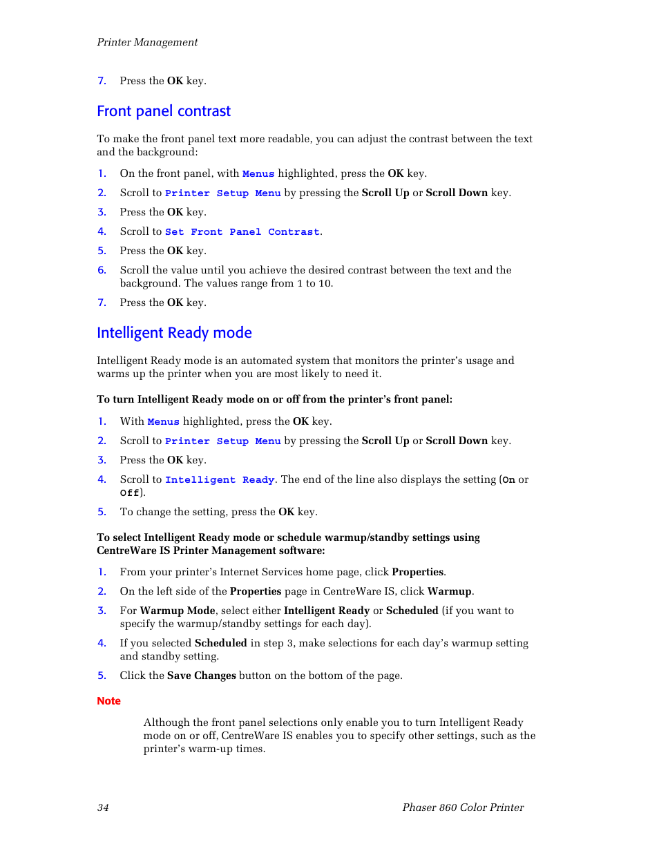 Front panel contrast, Intelligent ready mode, Front panel contrast intelligent ready mode | 3Com Phaser Color Printer 860 User Manual | Page 40 / 74