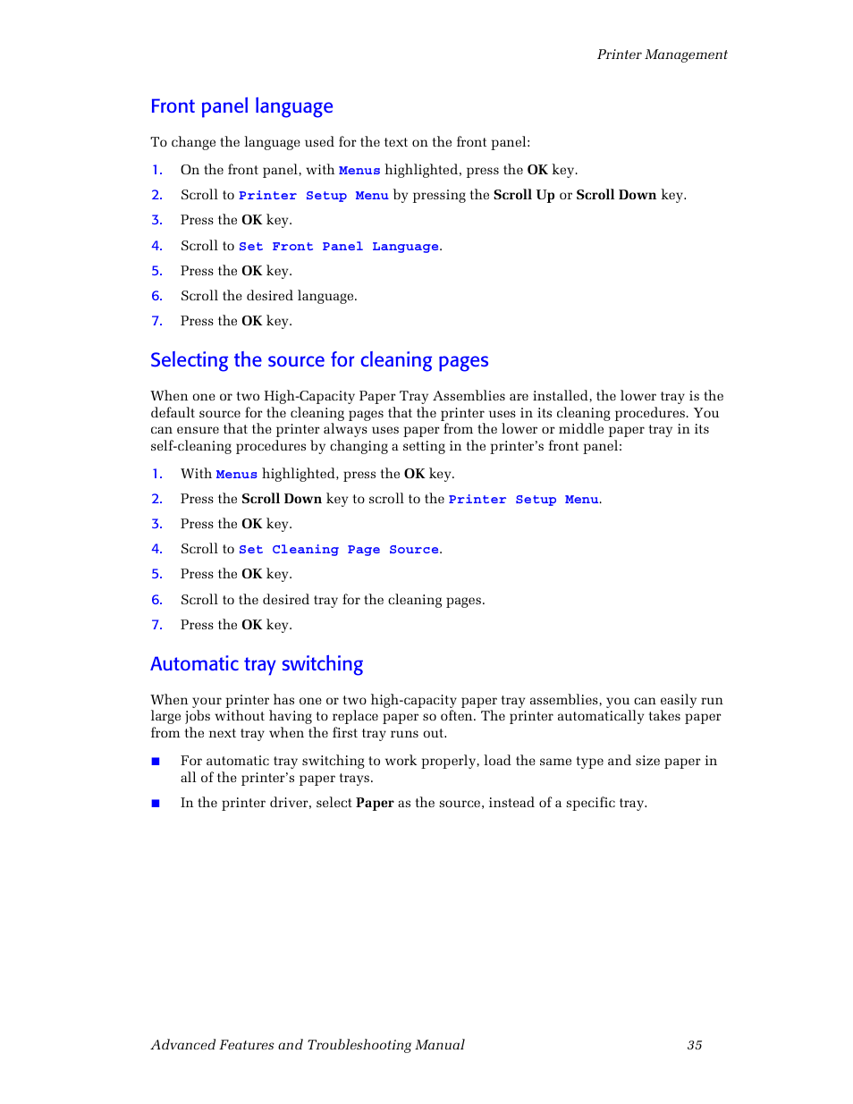 Front panel language, Automatic tray switching, Selecting the source for cleaning pages | 3Com Phaser Color Printer 860 User Manual | Page 41 / 74