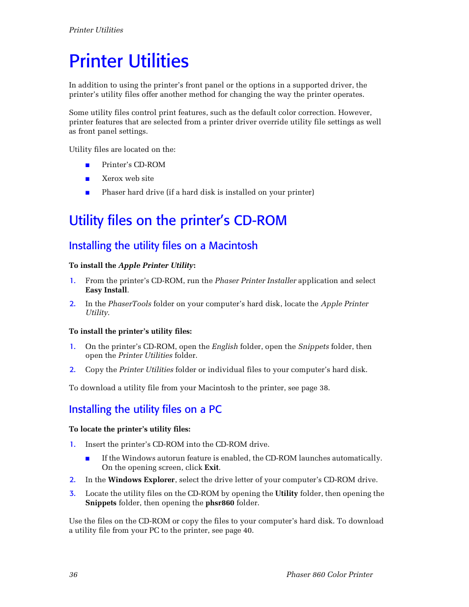 Printer utilities, Utility files on the printer’s cd-rom, Installing the utility files on a macintosh | Installing the utility files on a pc | 3Com Phaser Color Printer 860 User Manual | Page 42 / 74