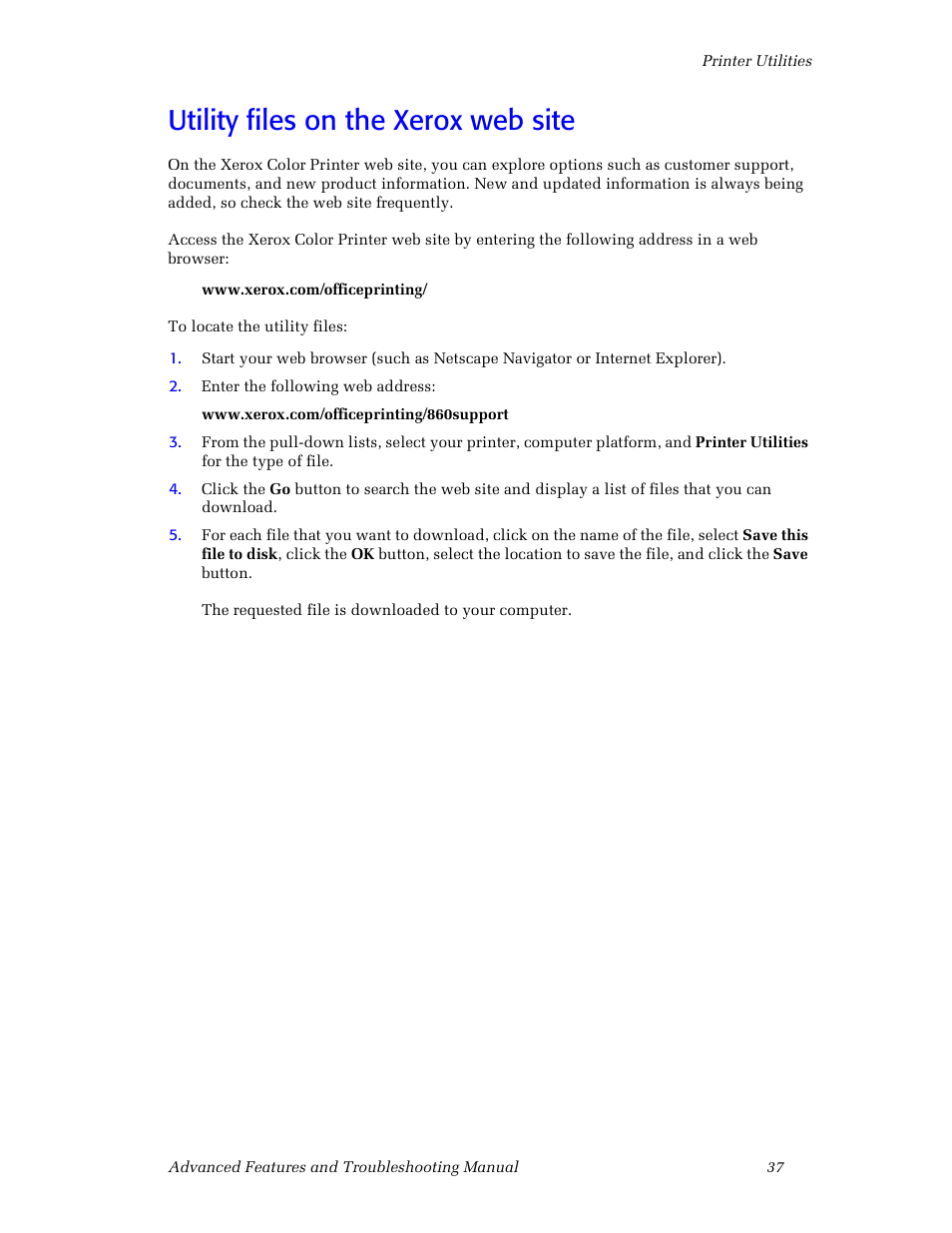 Utility files on the xerox web site | 3Com Phaser Color Printer 860 User Manual | Page 43 / 74