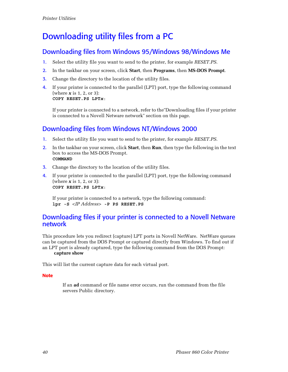 Downloading utility files from a pc, Downloading files from windowsnt/windows2000, Downloading files from windows nt/windows 2000 | 3Com Phaser Color Printer 860 User Manual | Page 46 / 74
