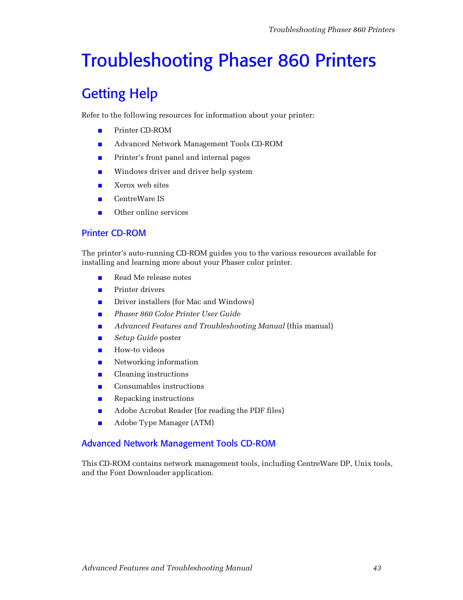 Troubleshooting phaser860printers, Getting help, Troubleshooting phaser 860 printers | Printer cd-rom, Advanced network management tools cd-rom | 3Com Phaser Color Printer 860 User Manual | Page 49 / 74