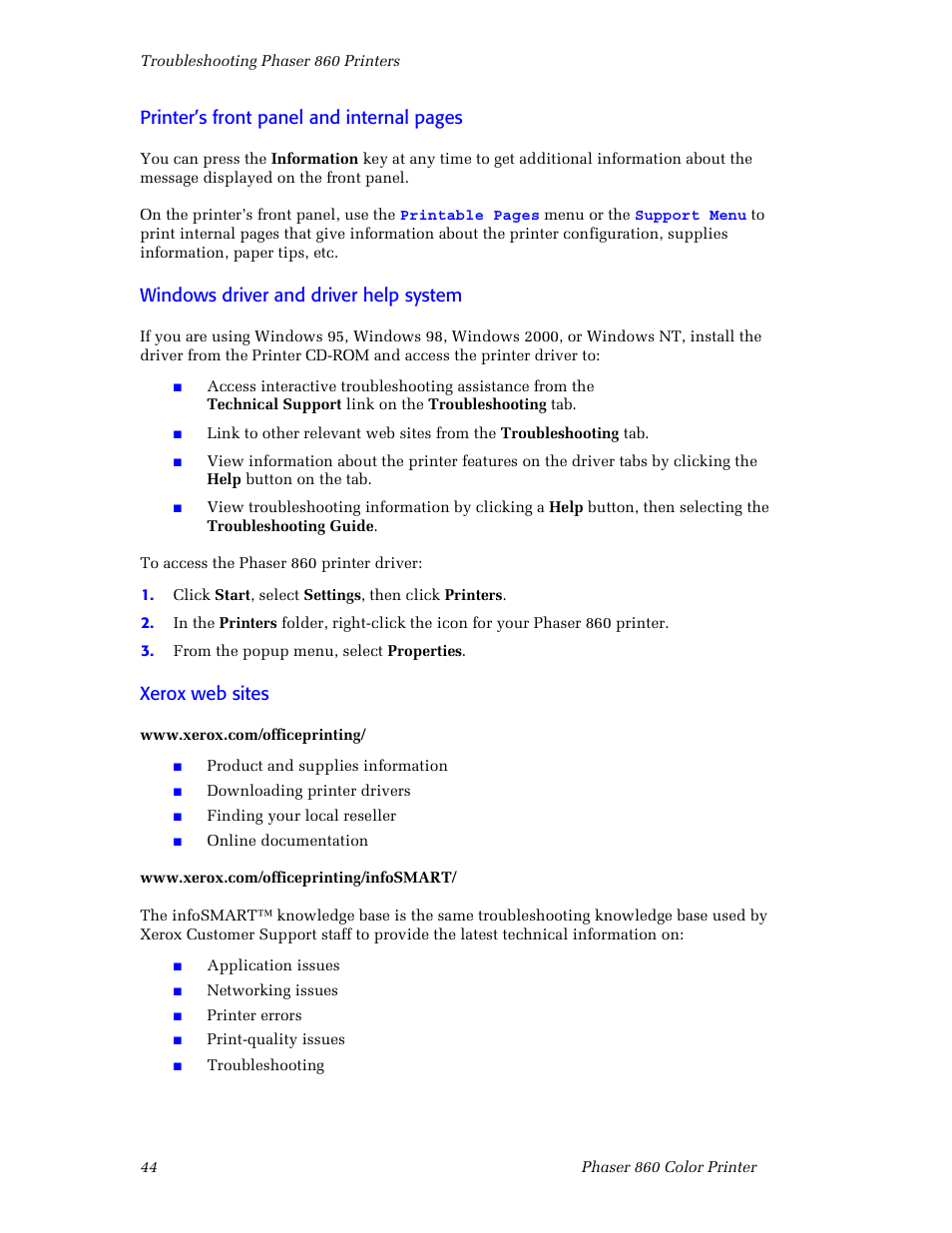 Printer’s front panel and internal pages, Windows driver and driver help system, Xerox web sites | 3Com Phaser Color Printer 860 User Manual | Page 50 / 74