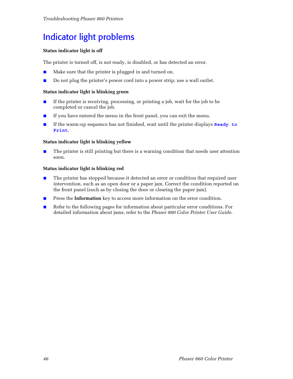 Indicator light problems | 3Com Phaser Color Printer 860 User Manual | Page 52 / 74