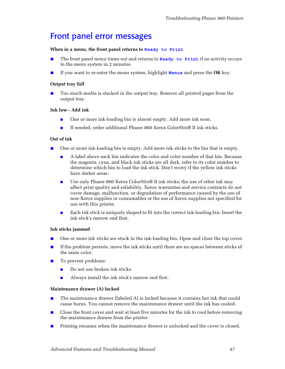 Front panel error messages | 3Com Phaser Color Printer 860 User Manual | Page 53 / 74