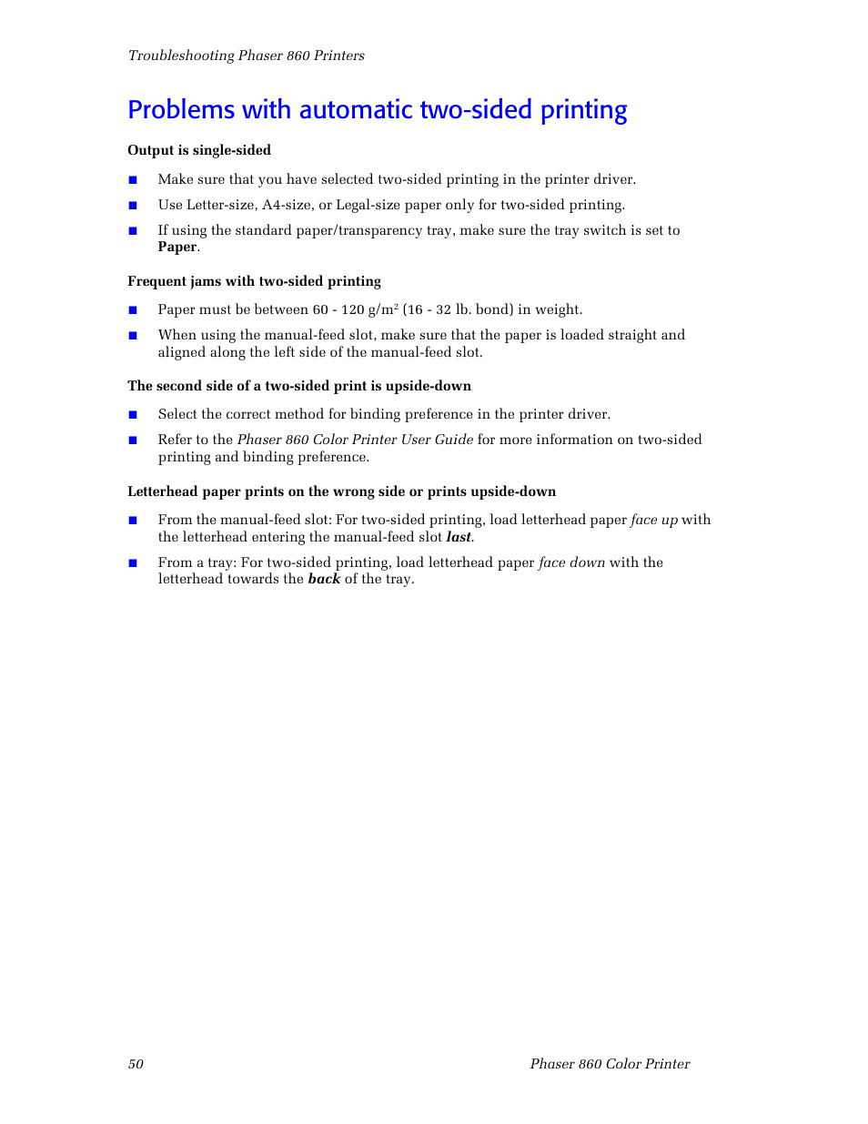 Problems with automatic two-sided printing | 3Com Phaser Color Printer 860 User Manual | Page 56 / 74