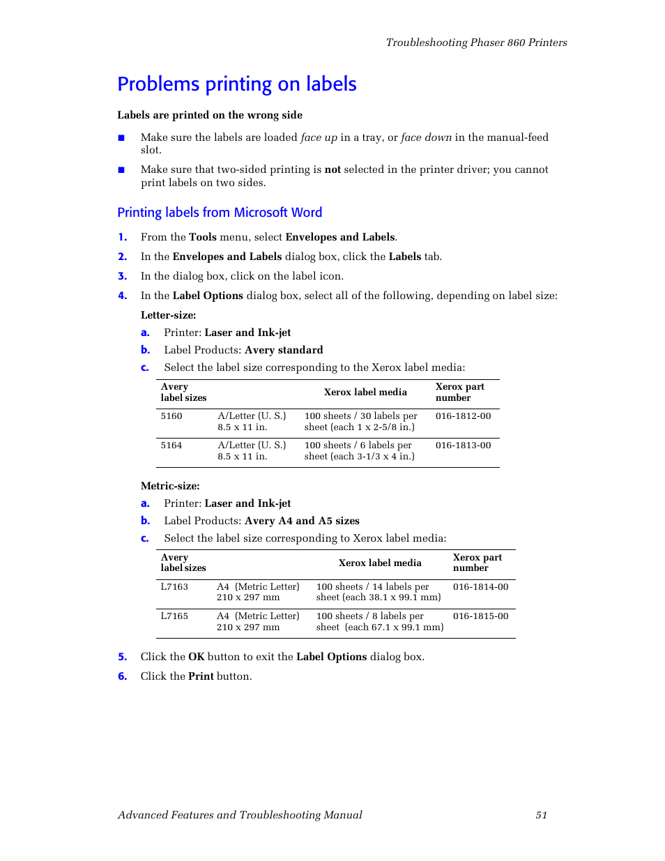 Problems printing on labels | 3Com Phaser Color Printer 860 User Manual | Page 57 / 74
