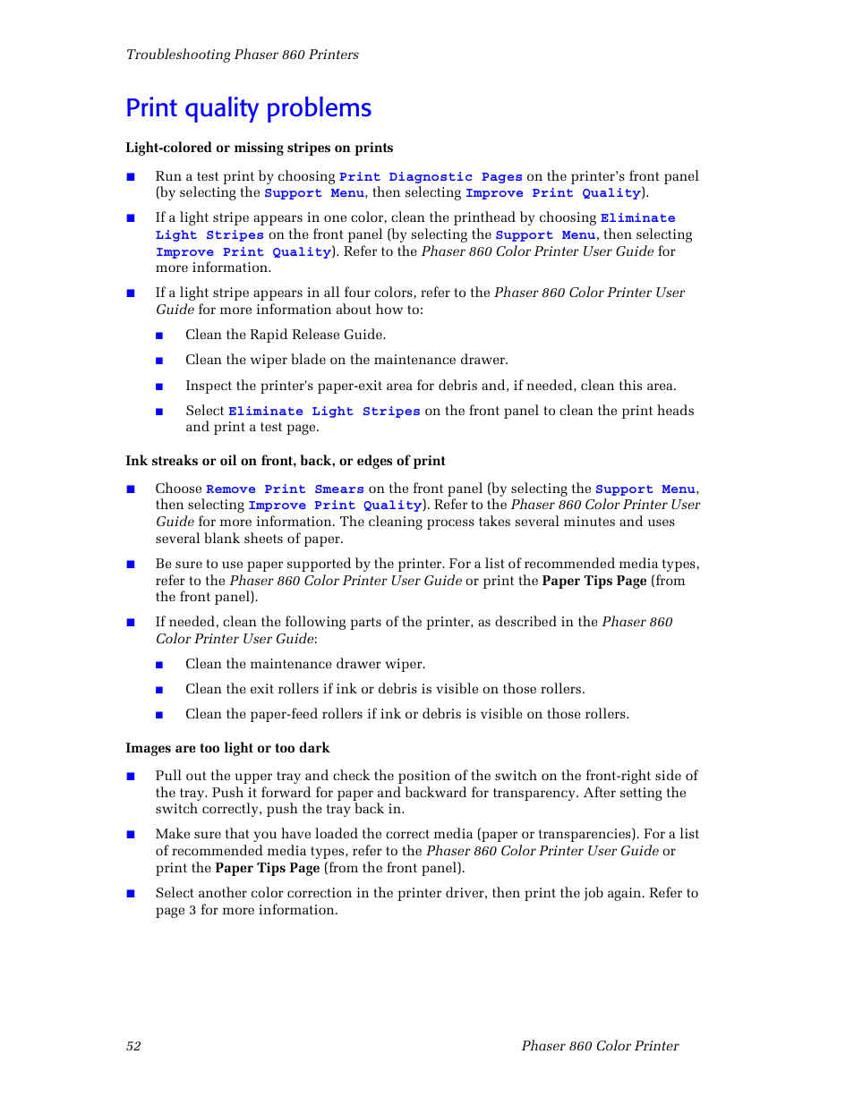 Print quality problems | 3Com Phaser Color Printer 860 User Manual | Page 58 / 74