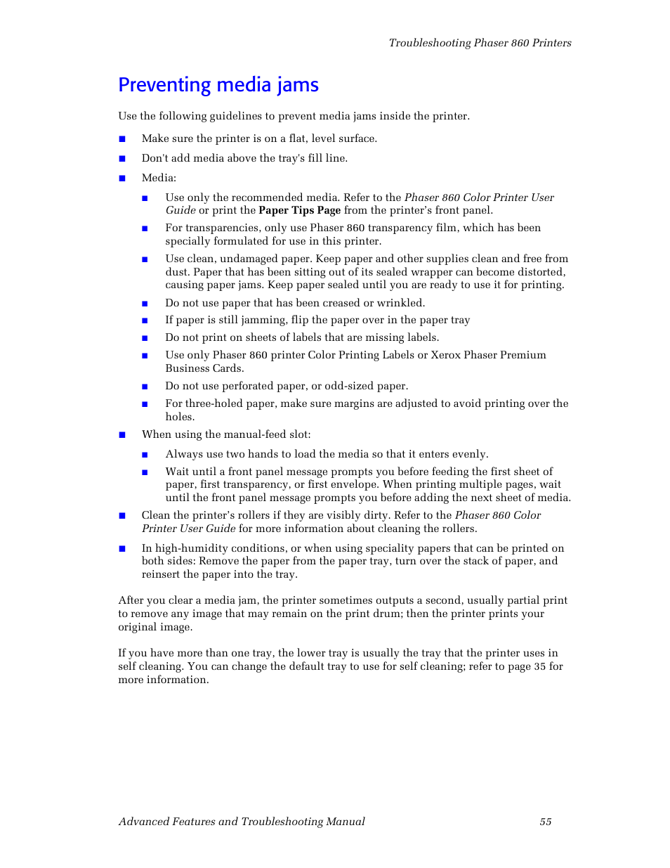 Preventing media jams | 3Com Phaser Color Printer 860 User Manual | Page 61 / 74