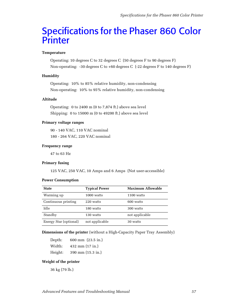 Specifications for the phaser860color printer, Specifications for the phaser 860 color printer | 3Com Phaser Color Printer 860 User Manual | Page 63 / 74