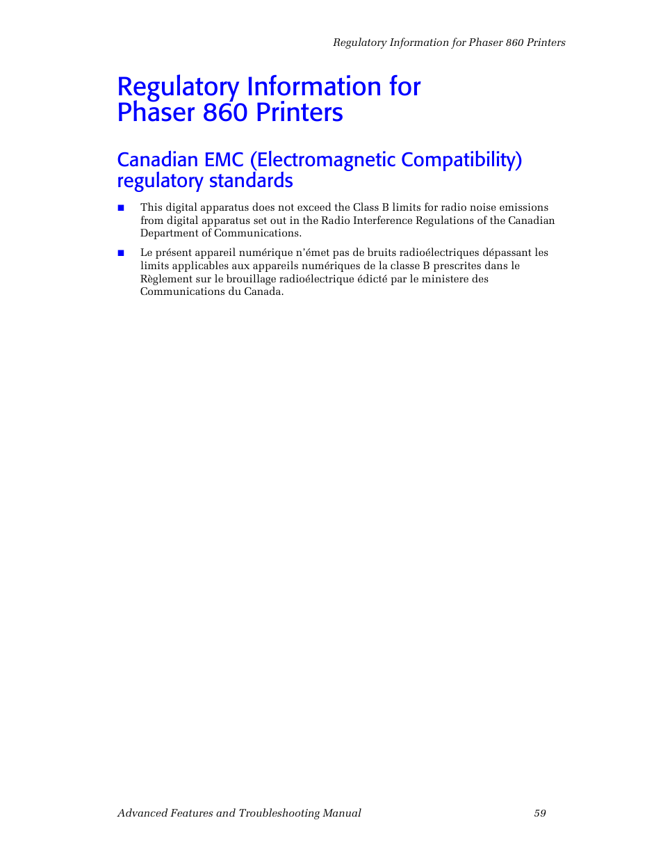 Regulatoryinformation for phaser860printers, Regulatory information for phaser 860 printers | 3Com Phaser Color Printer 860 User Manual | Page 65 / 74
