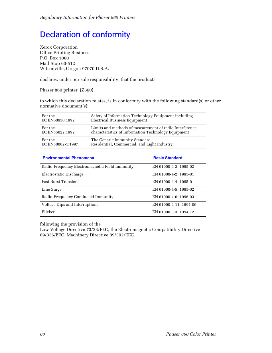 Declaration of conformity | 3Com Phaser Color Printer 860 User Manual | Page 66 / 74
