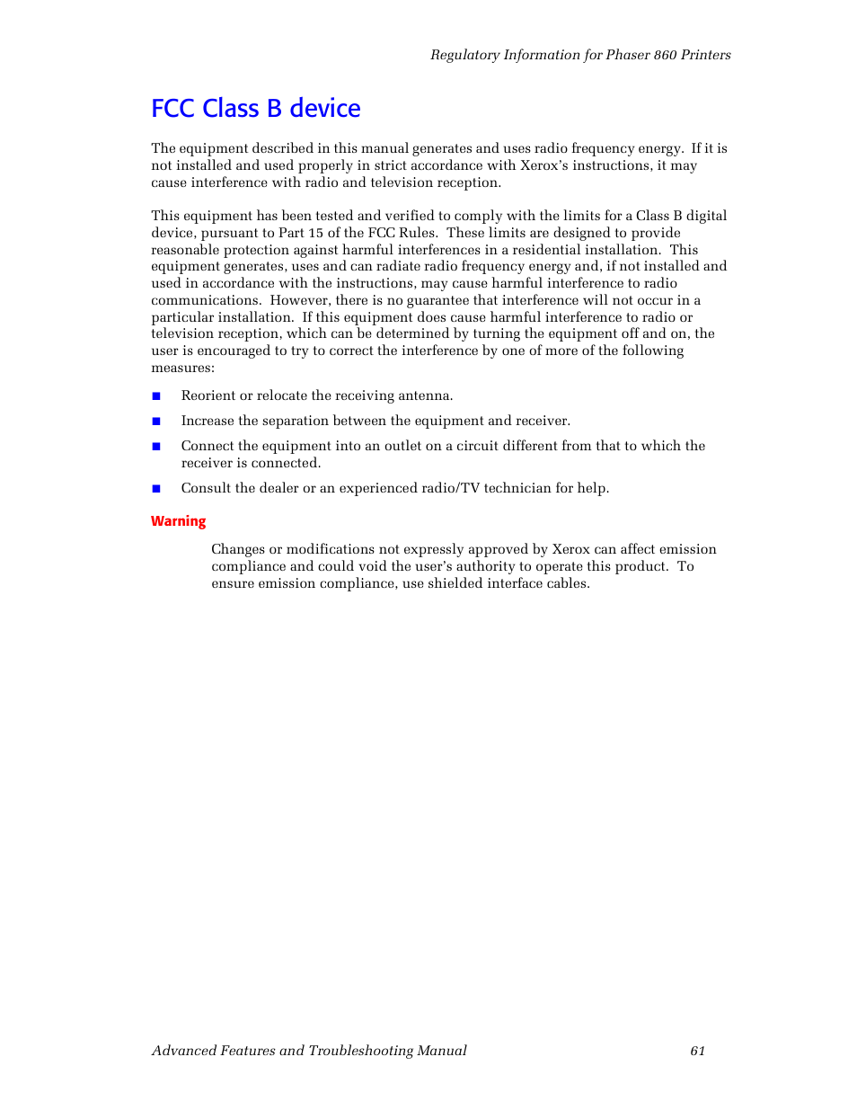 Fcc class b device | 3Com Phaser Color Printer 860 User Manual | Page 67 / 74