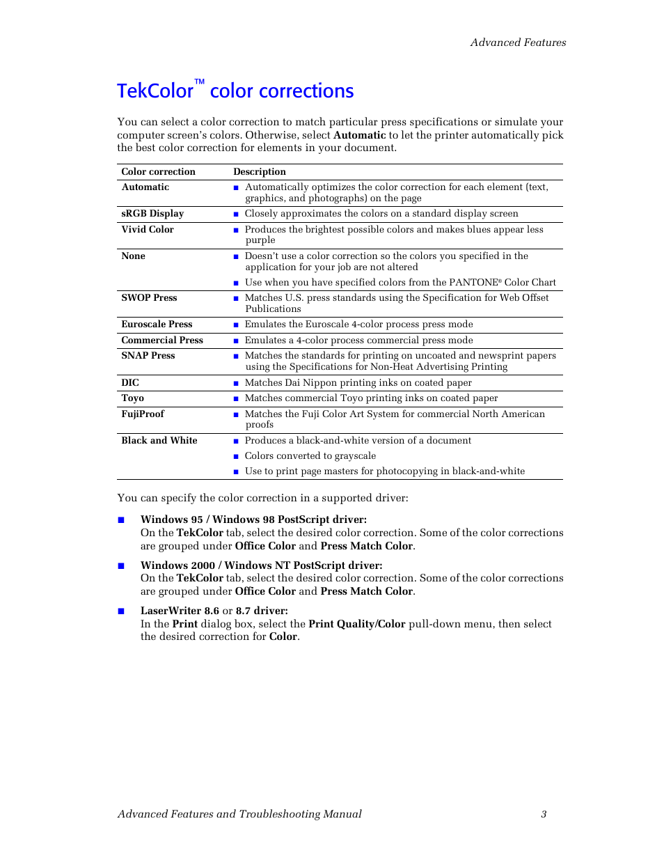 Tekcolor™ color corrections, Tekcolor, Color corrections | 3Com Phaser Color Printer 860 User Manual | Page 9 / 74