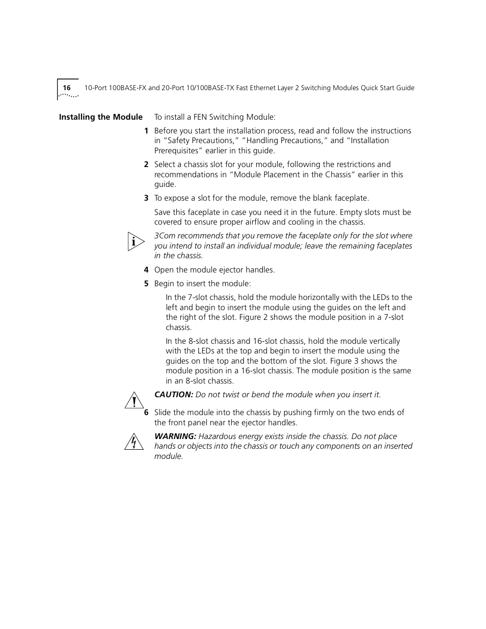 Installing the module | 3Com 100BASE-FX User Manual | Page 16 / 28